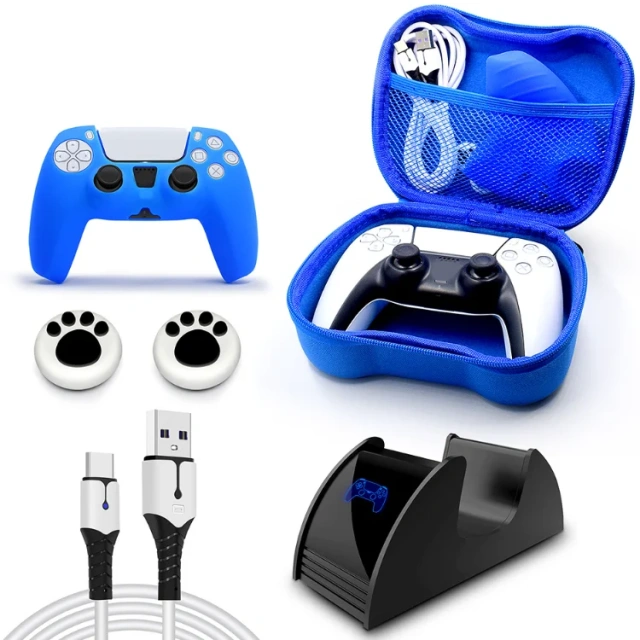 For PS5 Controller Accessories 6 IN 1 Set for P5 Controller Single Charge Data Cable Silicone Thumb Joystick Grips Cap