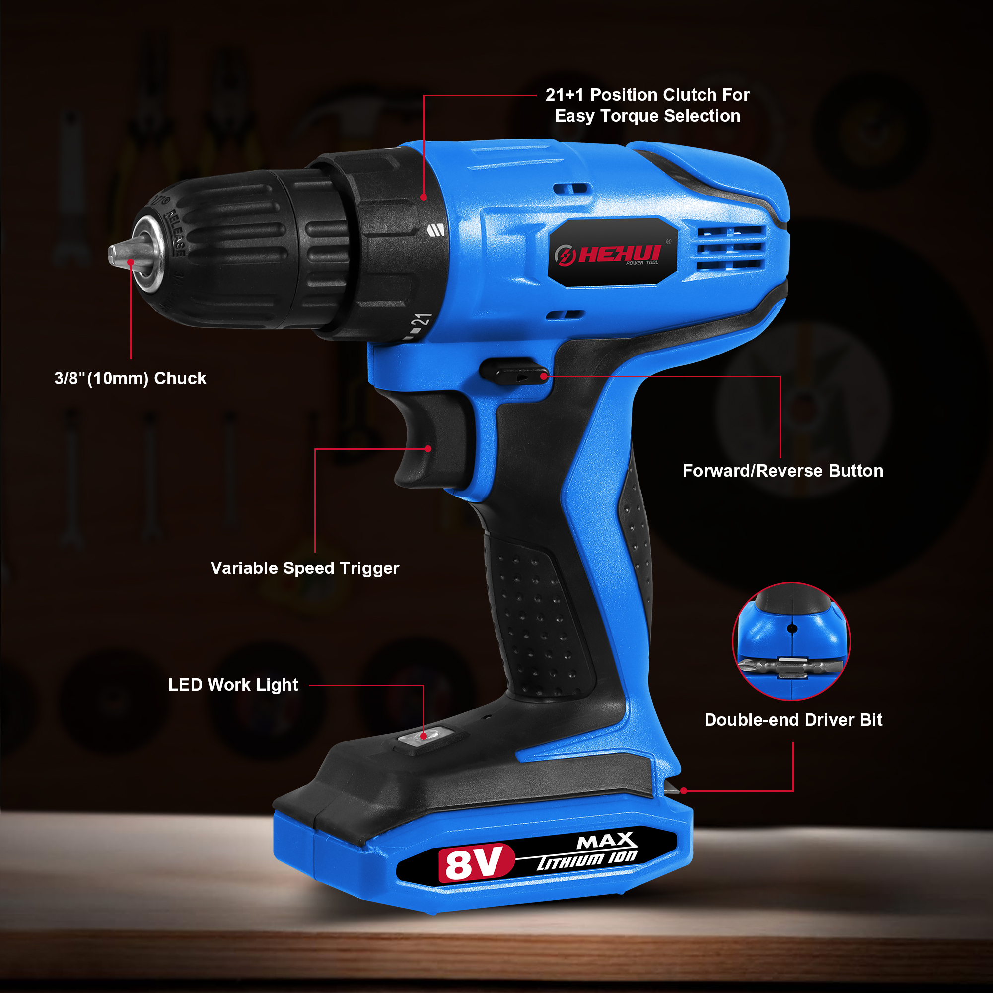 HEHUI 8V Max Cordless Drill 3/8 Inch Lightweight Battery Powered 550RPM Electric Wireless Handheld Drills
