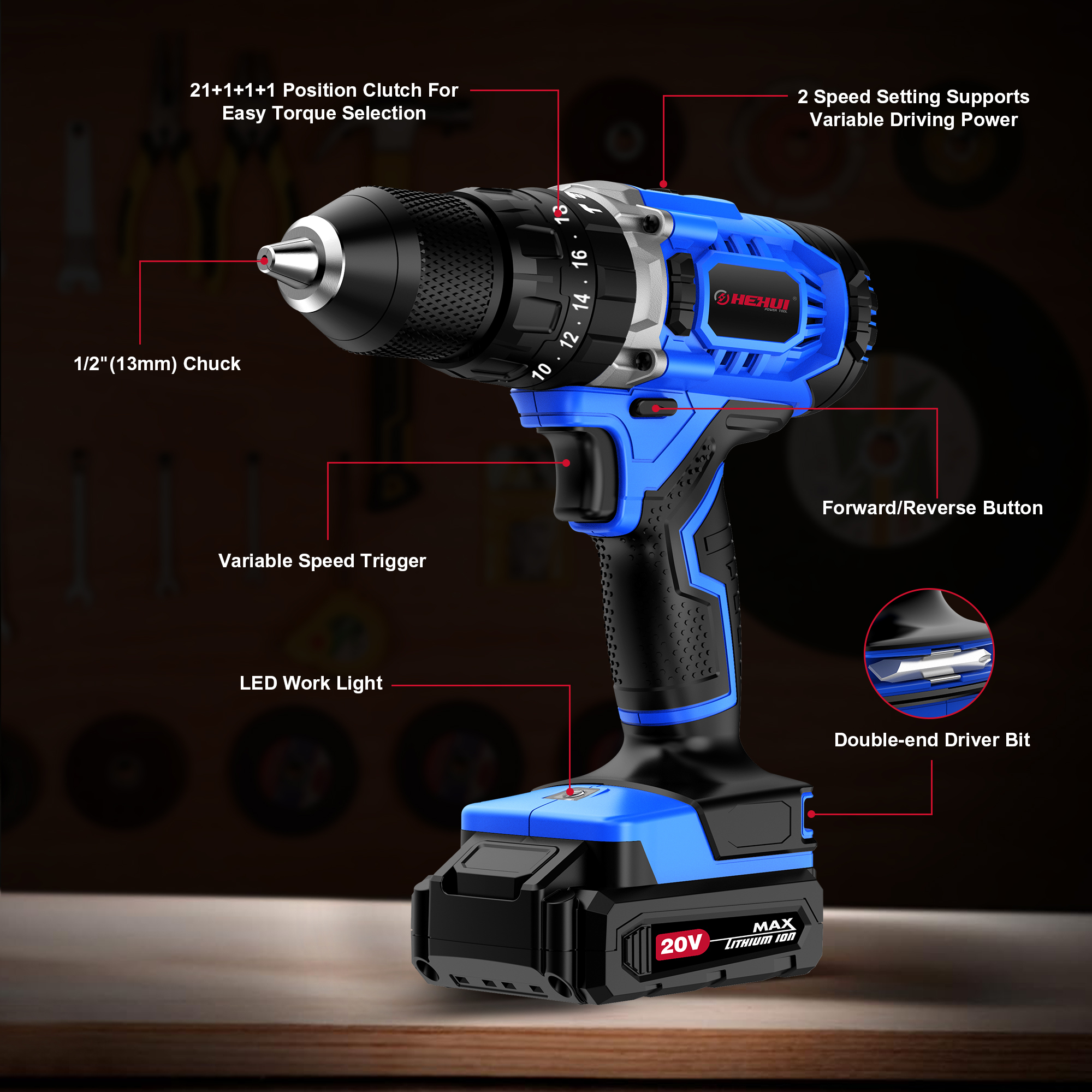HEHUI 20V Cordless Drill 1/2 Inch Powerful 40Nm Variable Speed Handheld Battery Wireless Hammer Drills