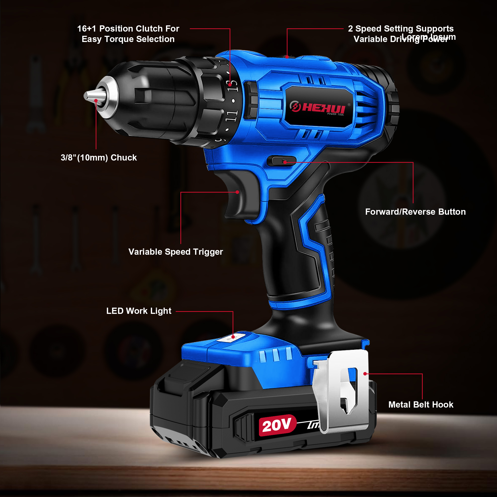 HEHUI 20V Cordless Drill Driver 3/8" Variable Speed 1250RPM Battery Rechargeable Handheld Wireless Electric Drills