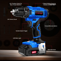 HEHUI 20V Cordless Drill Driver 3/8" Variable Speed 1250RPM Battery Rechargeable Handheld Wireless Electric Drills