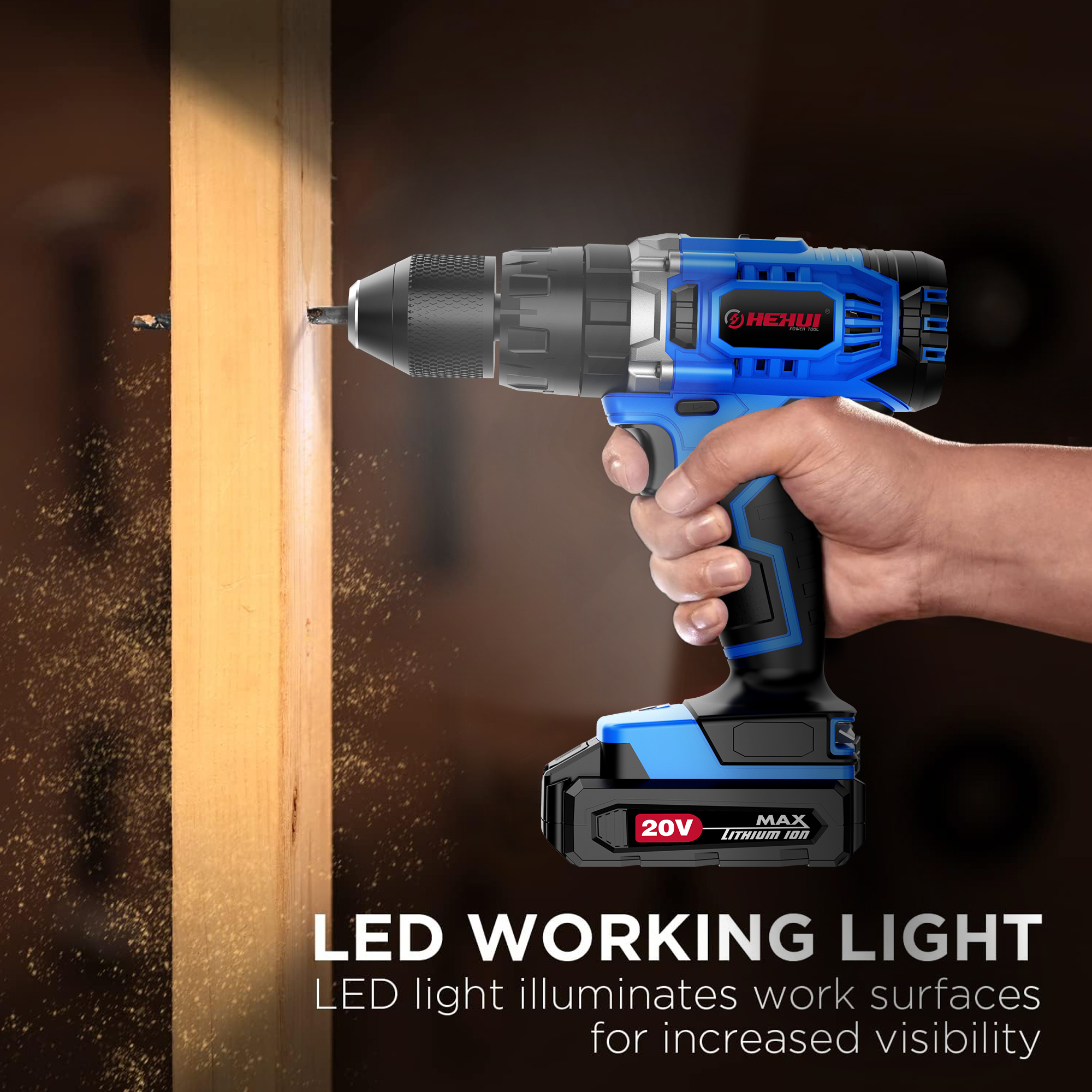 HEHUI 20V Cordless Drill 1/2 Inch Powerful 40Nm Variable Speed Handheld Battery Wireless Hammer Drills