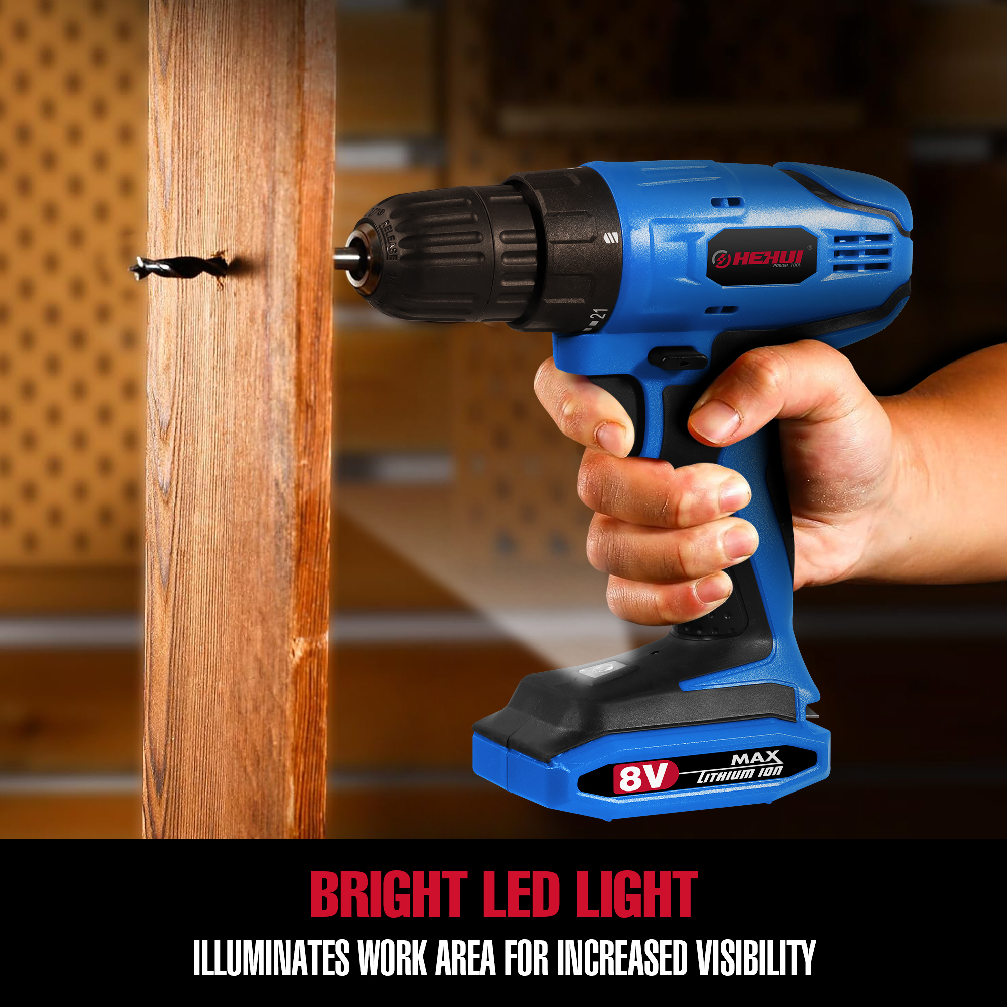 HEHUI 8V Max Cordless Drill 3/8 Inch Lightweight Battery Powered 550RPM Electric Wireless Handheld Drills