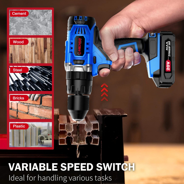 HEHUI 20V Cordless Drill 1/2 Inch Powerful 40Nm Variable Speed Handheld Battery Wireless Hammer Drills