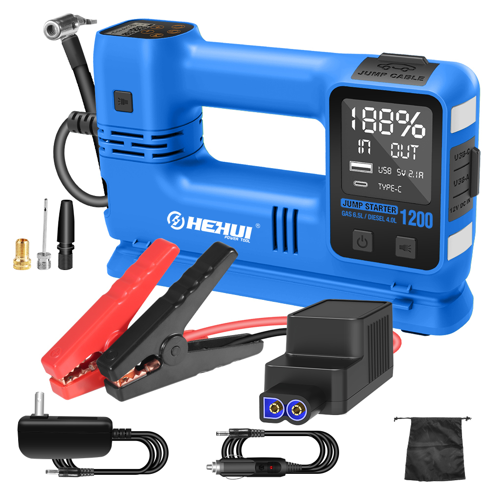 HEHUI 4-in 1 Jump Starter with Air Compressor 1200A Car Battery Booster 150PSI Tire Inflator Portable Power Bank LED Lights