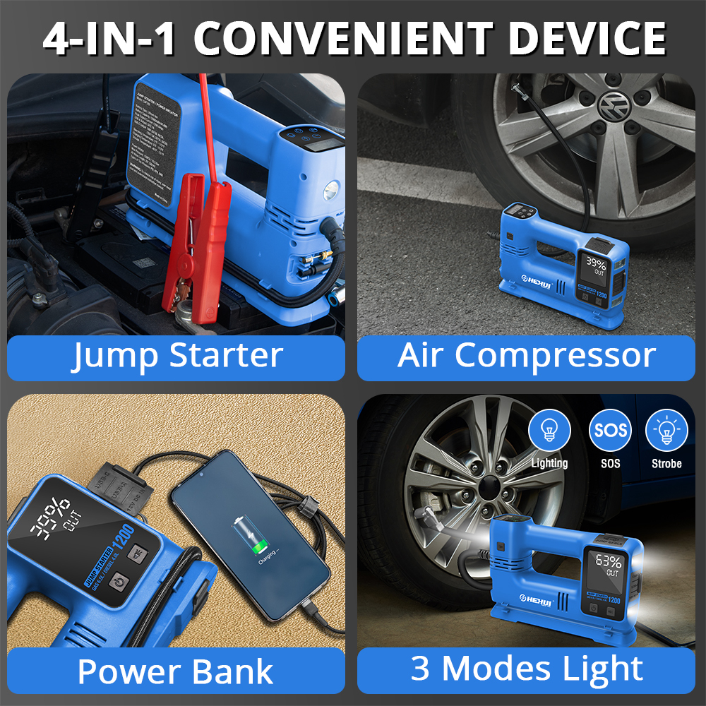HEHUI 4-in 1 Jump Starter with Air Compressor 1200A Car Battery Booster 150PSI Tire Inflator Portable Power Bank LED Lights