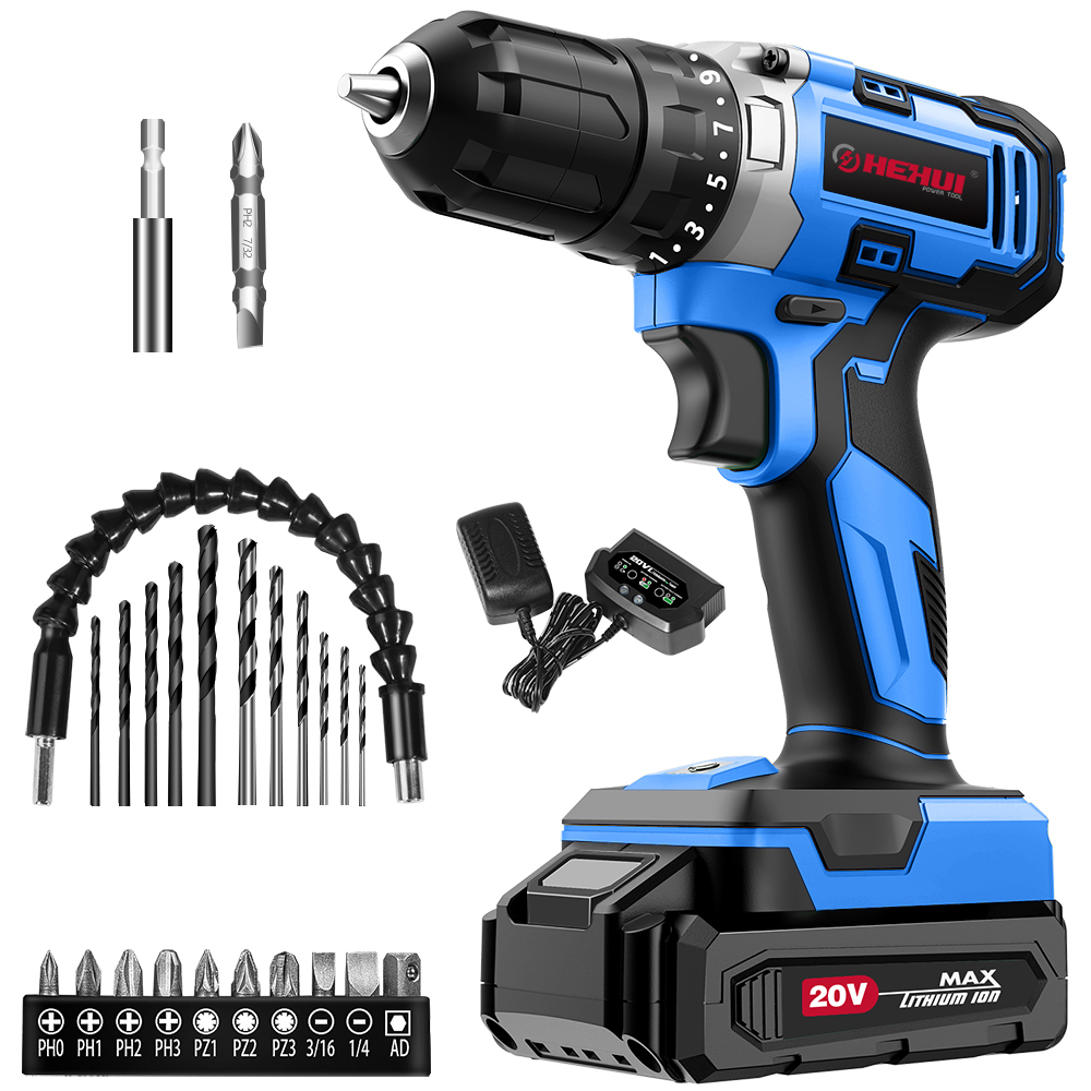 HEHUI 20V Cordless Drill 3/8 inch Keyless Chuck Wireless Compact Lightweight Electric Drills Power Drill Kit