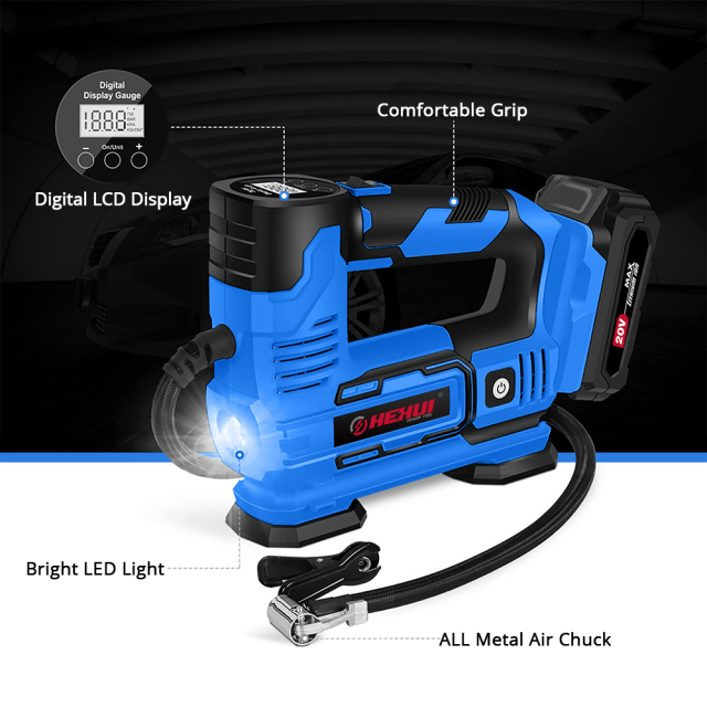 HEHUI Portable Cordless Tire Inflator Air Compressor 20V Battery Air Pump 150PSI Digital Car Auto Inflators