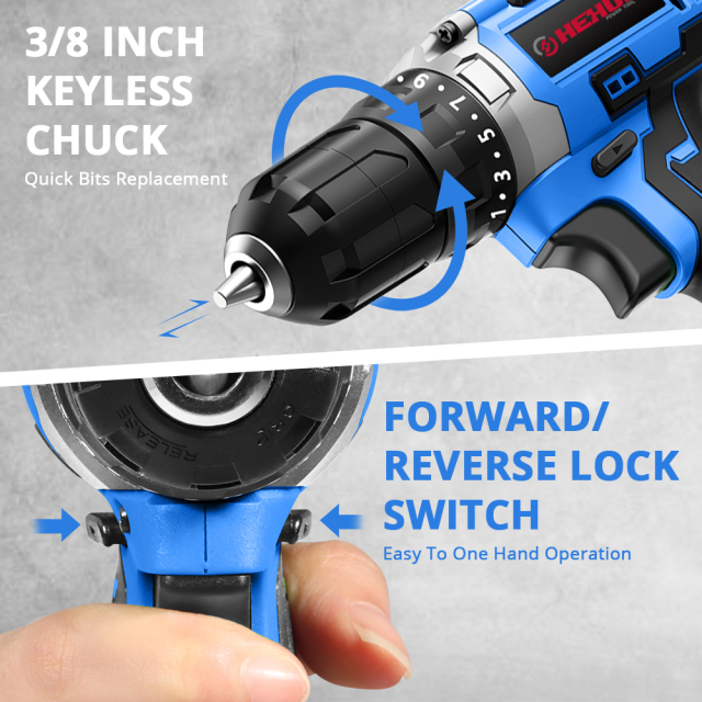 HEHUI 20V Cordless Drill 3/8 inch Keyless Chuck Wireless Compact Lightweight Electric Drills Power Drill Kit