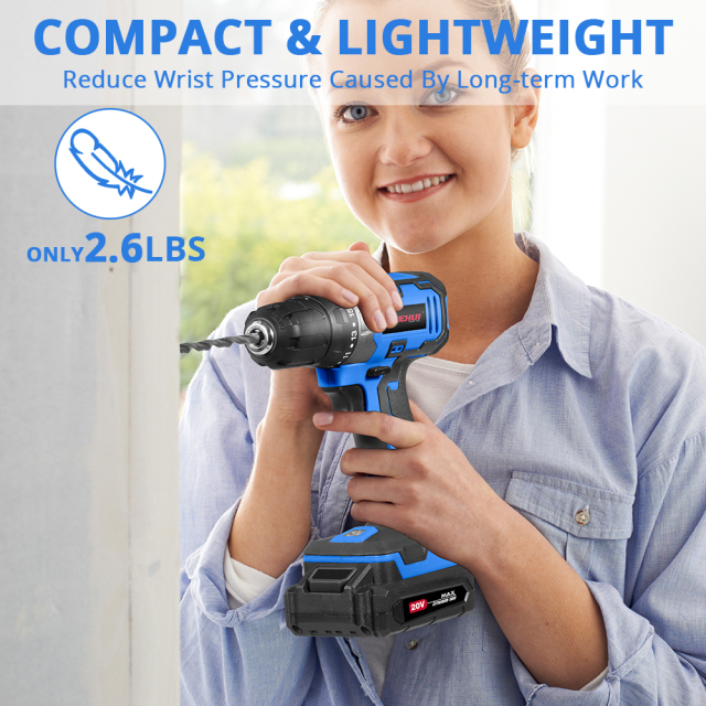 HEHUI 20V Cordless Drill 3/8 inch Keyless Chuck Wireless Compact Lightweight Electric Drills Power Drill Kit