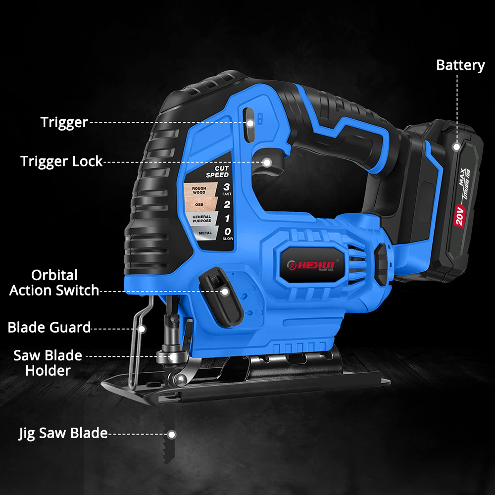 HEHUI 20V Max Cordless Jig Saw Battery Powered Portable Variable Speed Wood Steel Metal Cutting Mini Jigsaw