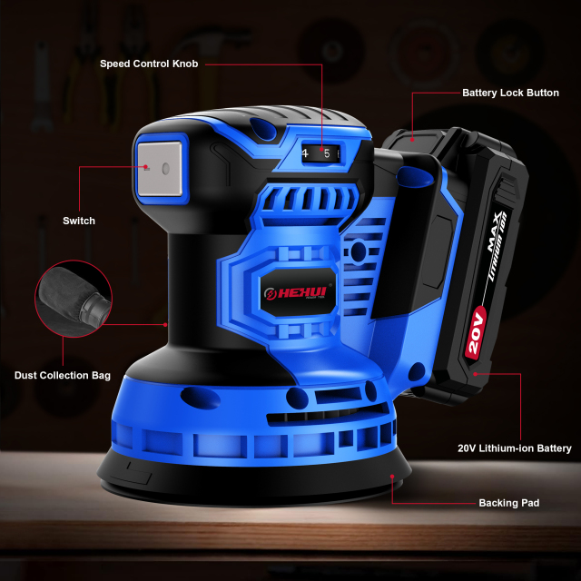 HEHUI 20V Max Cordless Random Orbital Sander 5 Inch Variable Speed 12000 RPM Battery Power Compact Sanders