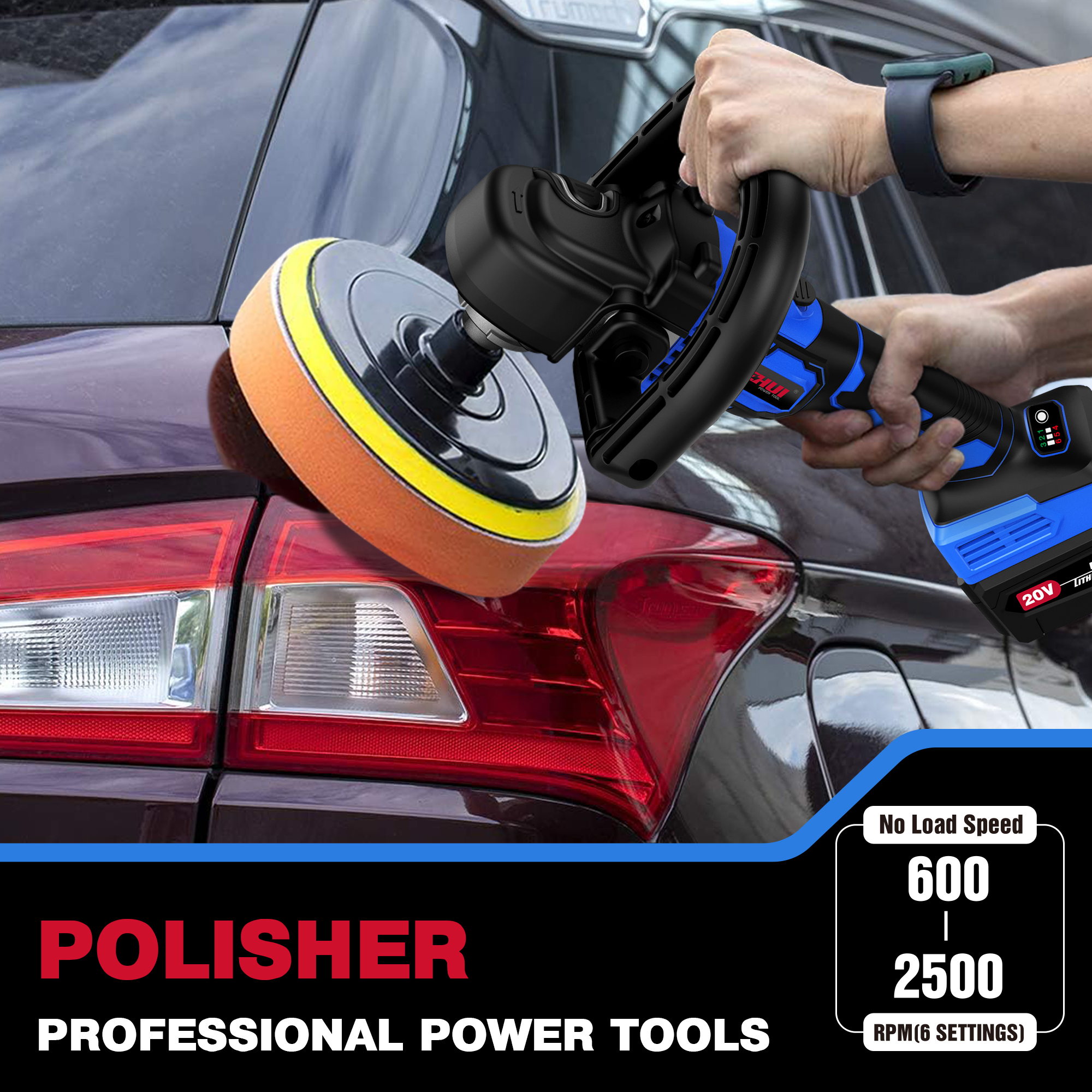 HEHUI 20V Max Brushless Cordless Rotary Polisher 6" Variable Speed 3000RPM Handheld Buffer Waxer for Car Polishing Detailing Waxing