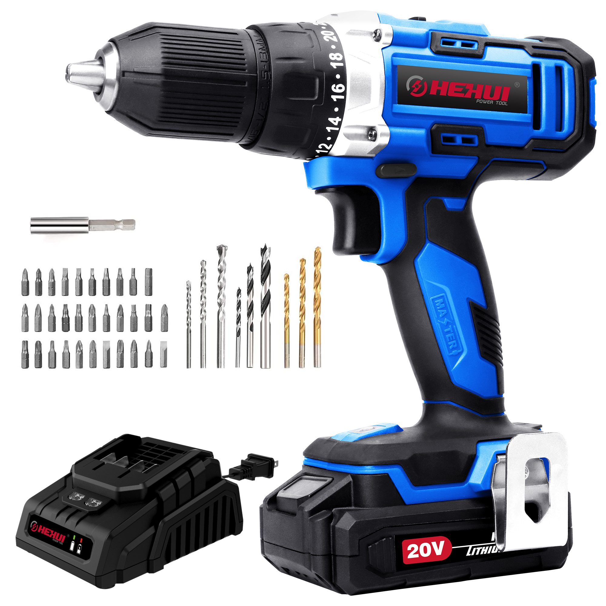 HEHUI 20V Cordless Drill Driver 1/2 Inch Handheld Battery Powered Variable Speed Wireless Power Drills