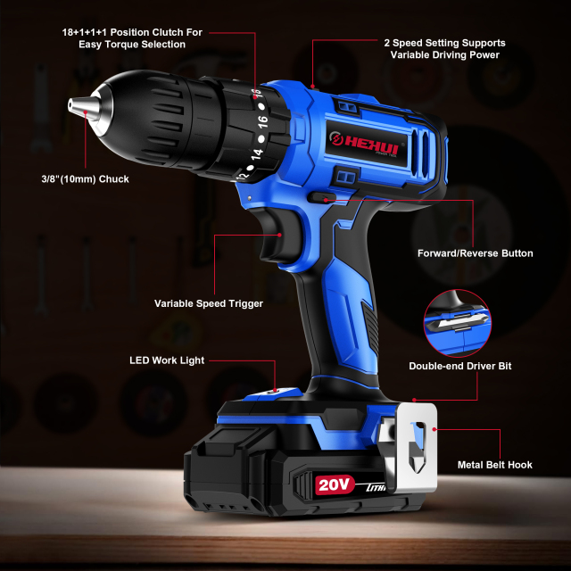 HEHUI 20V Brushless Cordless Drill 1/2" Battery Powered 50Nm Wireless Hammer Drills Driver
