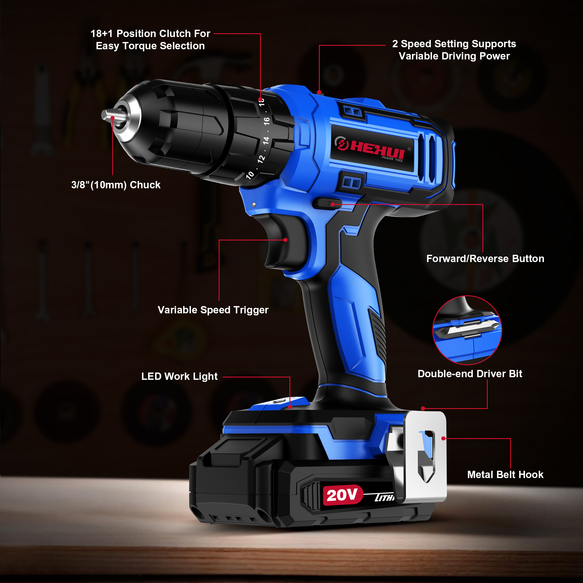 HEHUI 20V Cordless Drill 3/8 inch Compact Lightweight Wireless Battery Powered Power Drills Tools