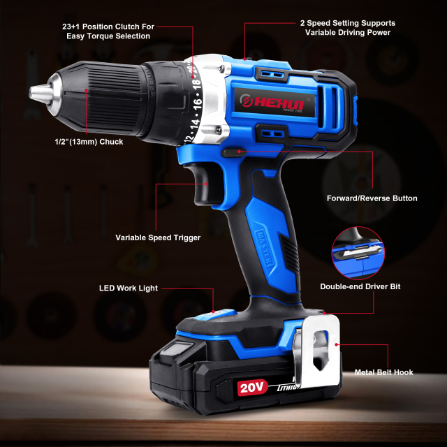 HEHUI 20V Cordless Drill Driver 1/2 Inch Handheld Battery Powered Variable Speed Wireless Power Drills