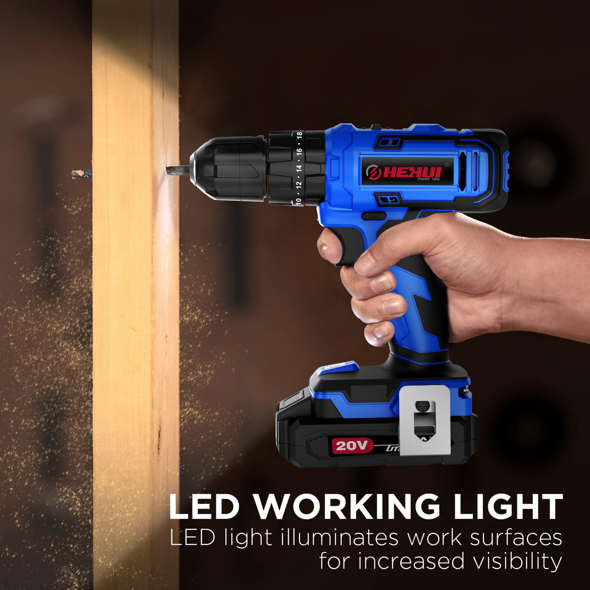 HEHUI 20V Cordless Drill 3/8 inch Compact Lightweight Wireless Battery Powered Power Drills Tools