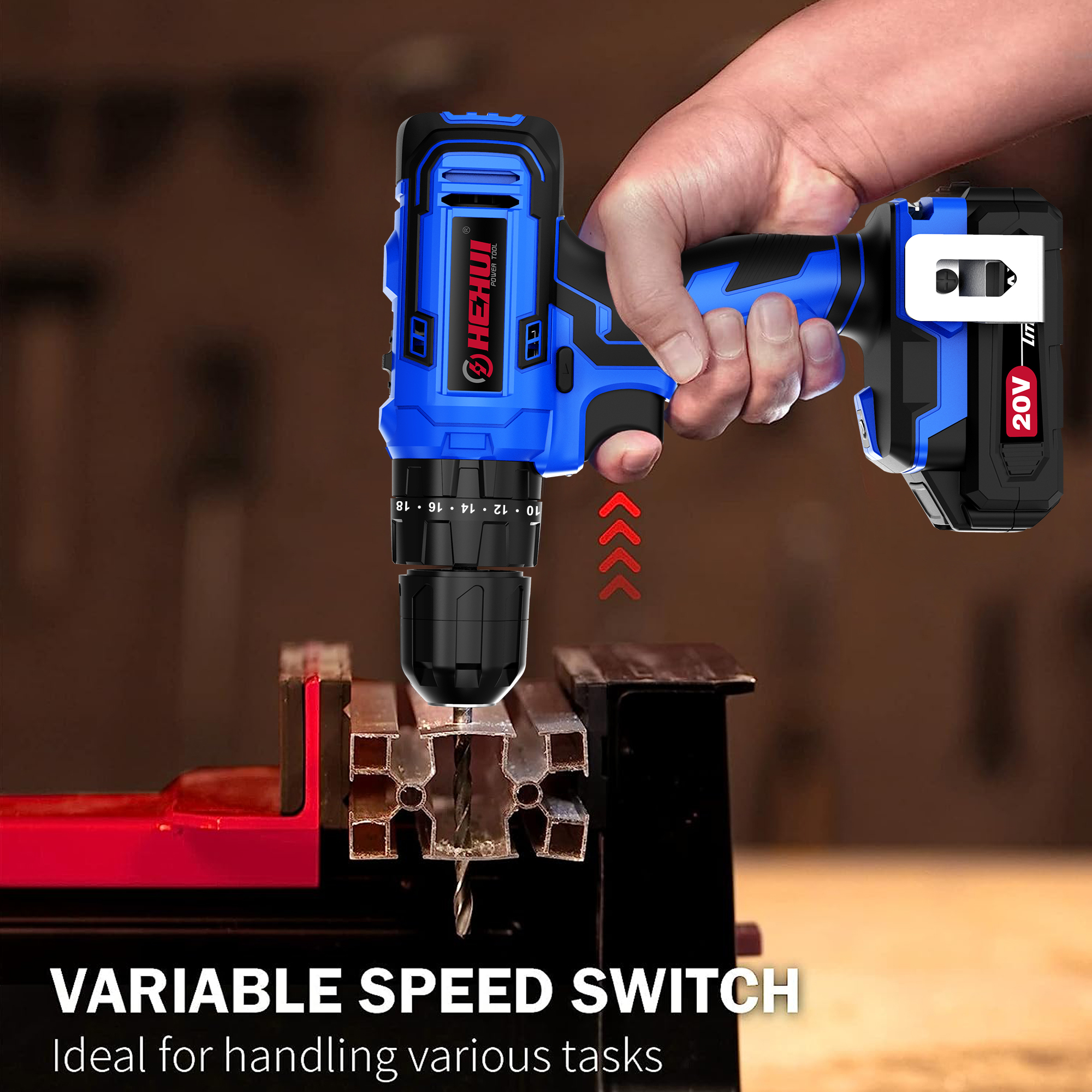 HEHUI 20V Cordless Drill 3/8 inch Compact Lightweight Wireless Battery Powered Power Drills Tools