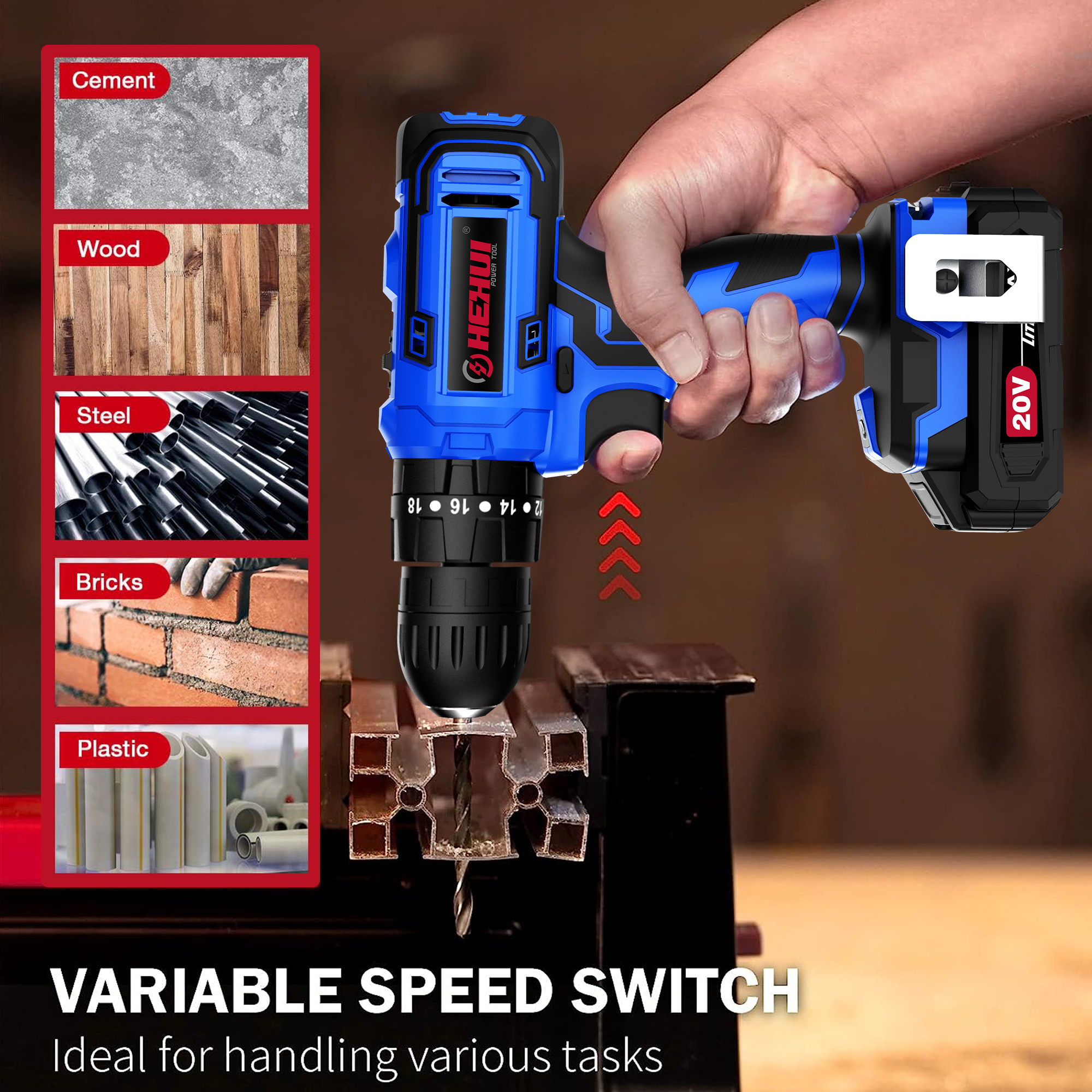 HEHUI 20V Brushless Cordless Drill 1/2" Battery Powered 50Nm Wireless Hammer Drills Driver