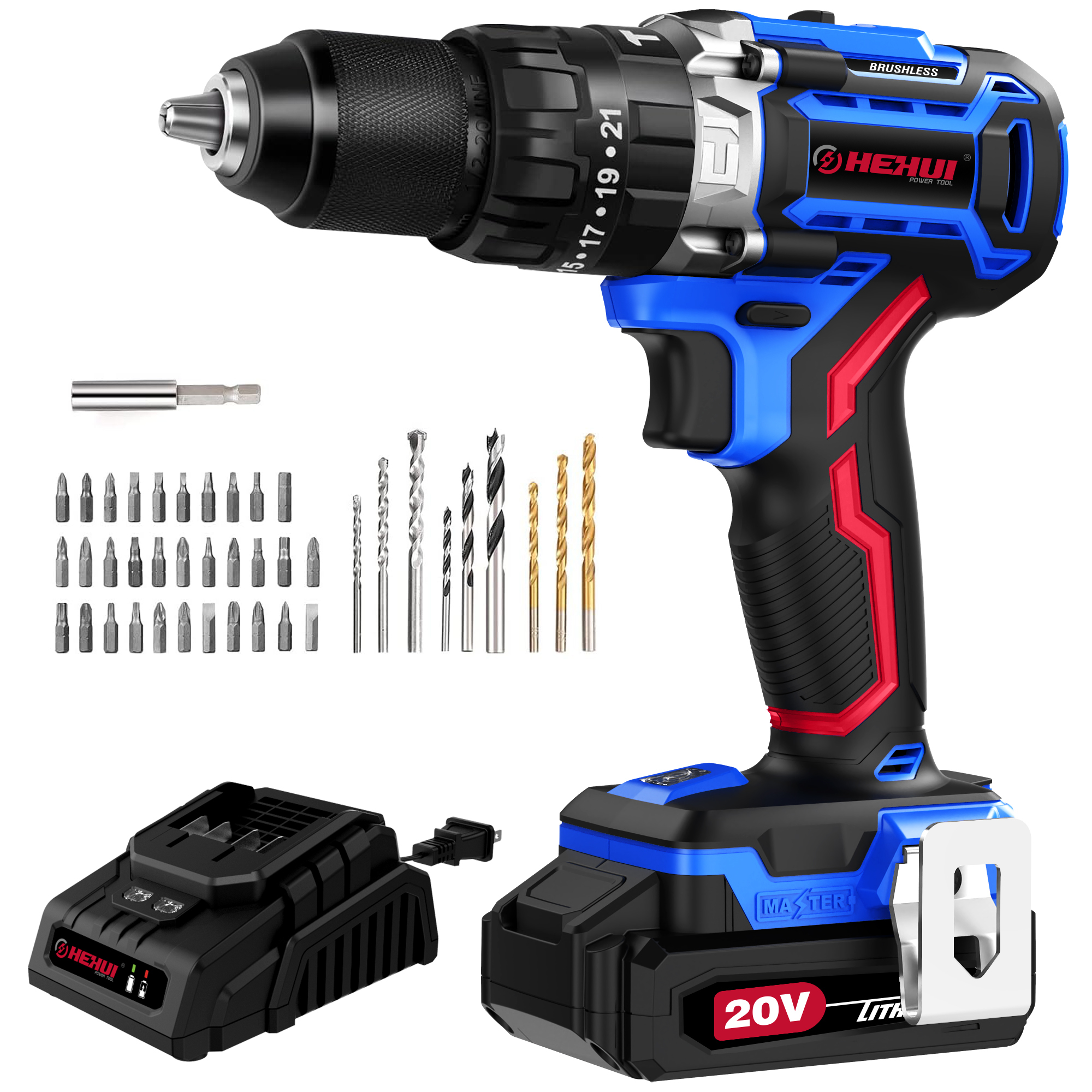 HEHUI 20V Brushless Cordless Drill 1/2" Wireless Handheld Portable Battery Power Hammer Electric Drills