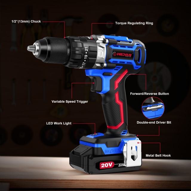 HEHUI 20V Brushless Cordless Drill 1/2" Wireless Handheld Portable Battery Power Hammer Electric Drills