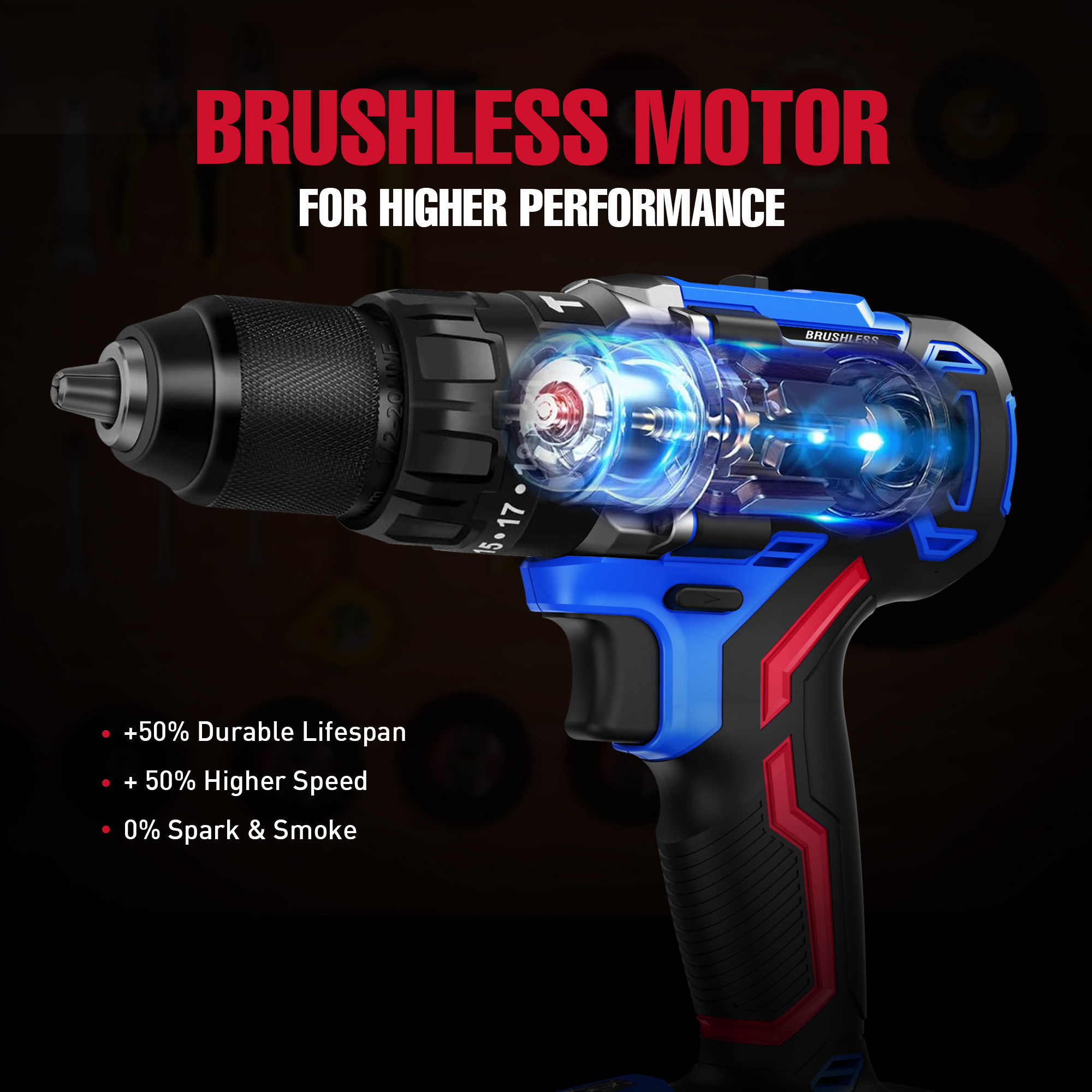 HEHUI 20V Brushless Cordless Drill 1/2" Wireless Handheld Portable Battery Power Hammer Electric Drills