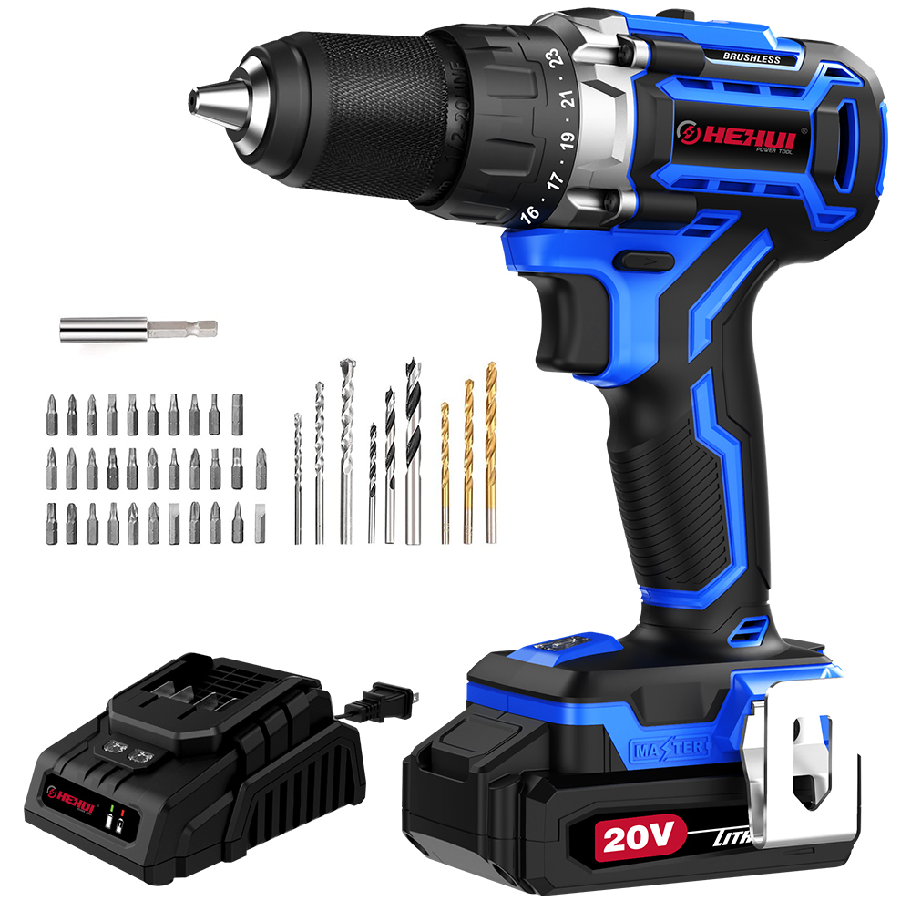 HEHUI 20V Brushless Cordless Drill 1/2 Inch Compact Wireless Handheld Portable Battery Power Hammer Drills Driver