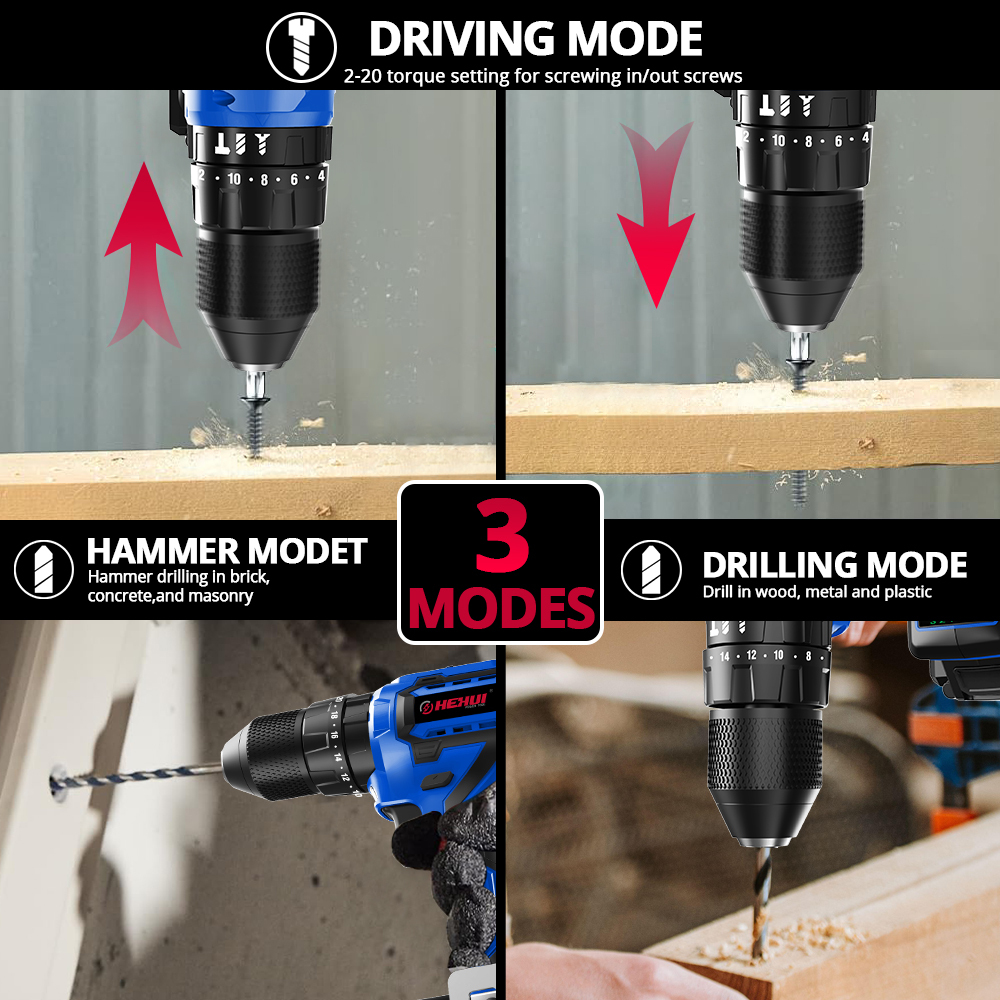 HEHUI 20V Brushless Cordless Drill 3/8" Compact Lightweight Wireless Handheld Battery Power Hammer Drills Driver