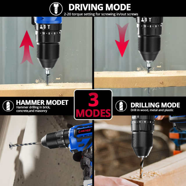 HEHUI 20V Brushless Cordless Drill 3/8" Compact Lightweight Wireless Handheld Battery Power Hammer Drills Driver