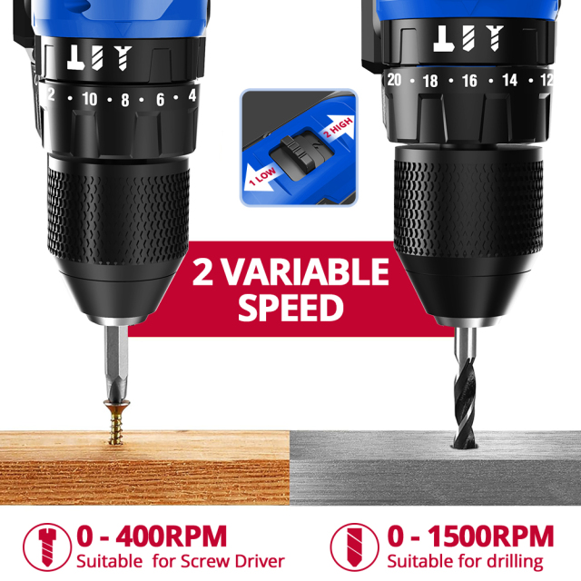 HEHUI 20V Brushless Cordless Drill 3/8" Compact Lightweight Wireless Handheld Battery Power Hammer Drills Driver