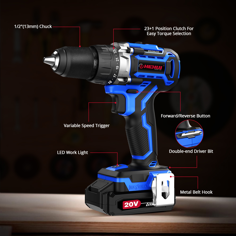 HEHUI 20V Brushless Cordless Drill 1/2 Inch Compact Wireless Handheld Portable Battery Power Hammer Drills Driver