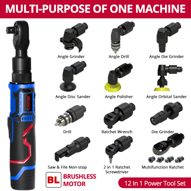 HEHUI 12V Multi Head Power Tools Angle Grinder Drill Die Grinder Orbital Snader Ratchet Wrench Screwdriver