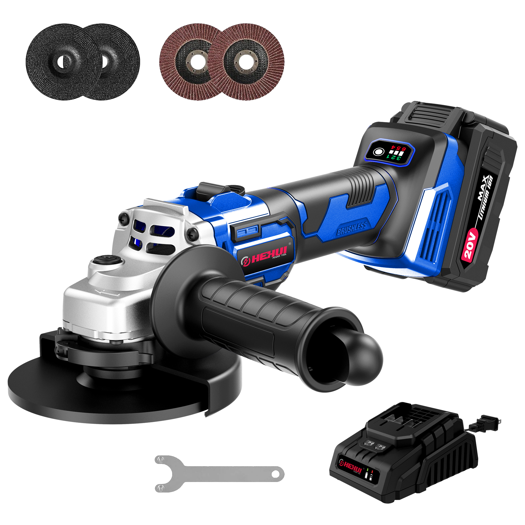 HEHUI Brushless Angle Grinder Tool 4-1/2" Battery Powered Handheld Grinders Variable Speed 3000~8500RPM