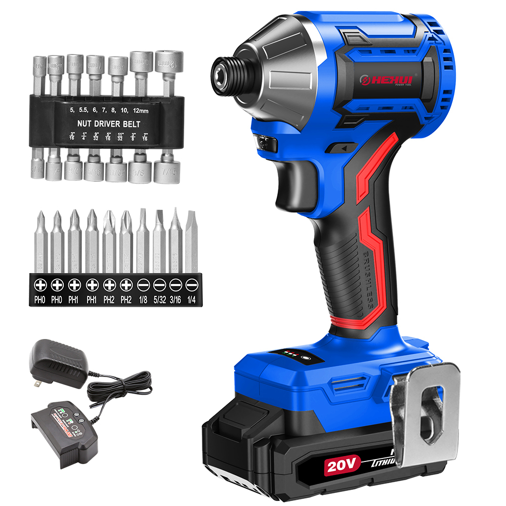 HEHUI 20V Brushless Cordless Impact Driver 1/4" High Torque 200N.m Compact Handheld Variable Speed Electric Drivers
