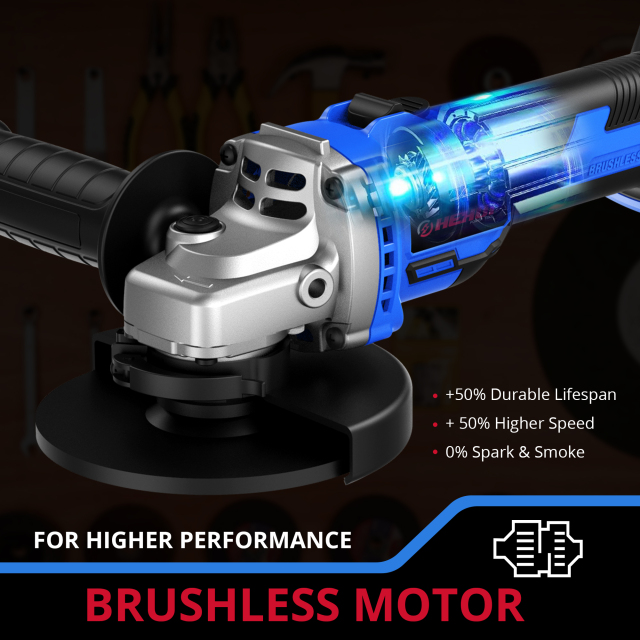 HEHUI Brushless Angle Grinder Tool 4-1/2" Battery Powered Handheld Grinders Variable Speed 3000~8500RPM