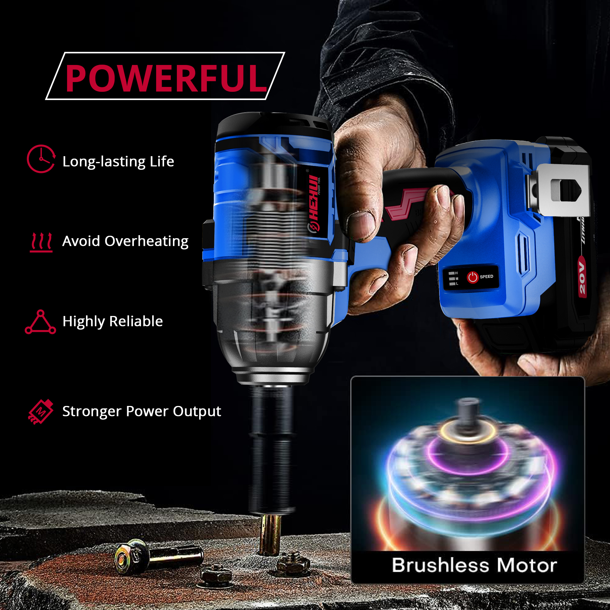 HEHUI 20V Brushless Cordless Impact Wrench 1/2-inch Variable Speed 500Nm Square Head Lug Nuts Electric Wrenches