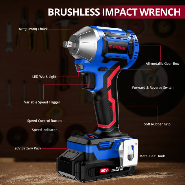HEHUI Cordless Impact Wrench 3/8 inch (10mm) 20V Battery Power 250Nm Variable Speed 3250 RPM Electric Wrenches