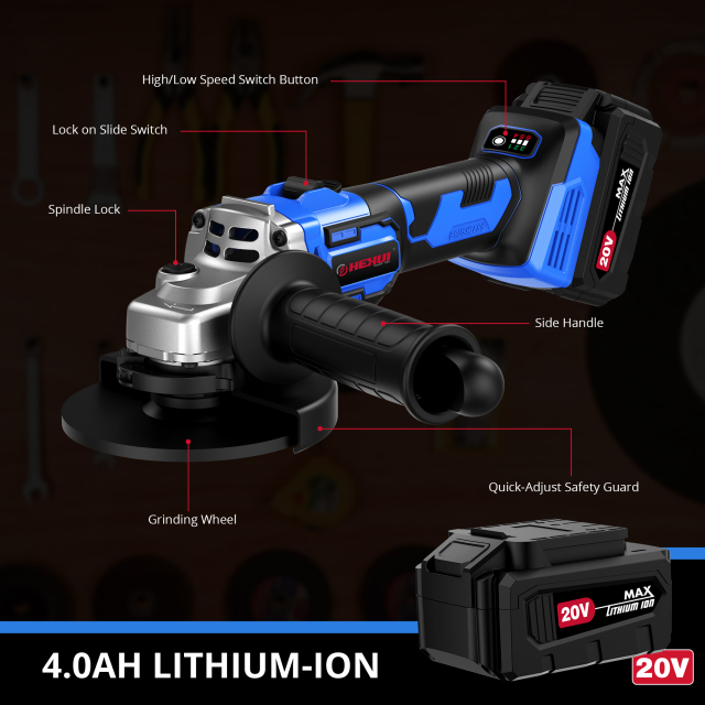 HEHUI Brushless Angle Grinder Tool 4-1/2" Battery Powered Handheld Grinders Variable Speed 3000~8500RPM