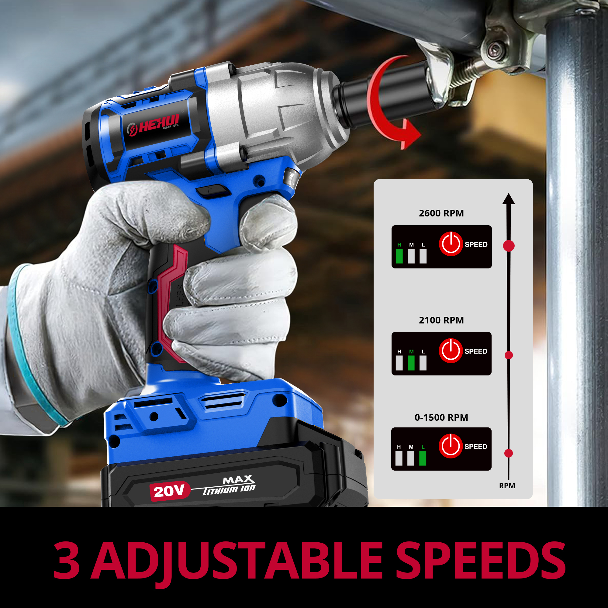 HEHUI 20V Brushless Cordless Impact Wrench 1/2-inch Variable Speed 500Nm Square Head Lug Nuts Electric Wrenches