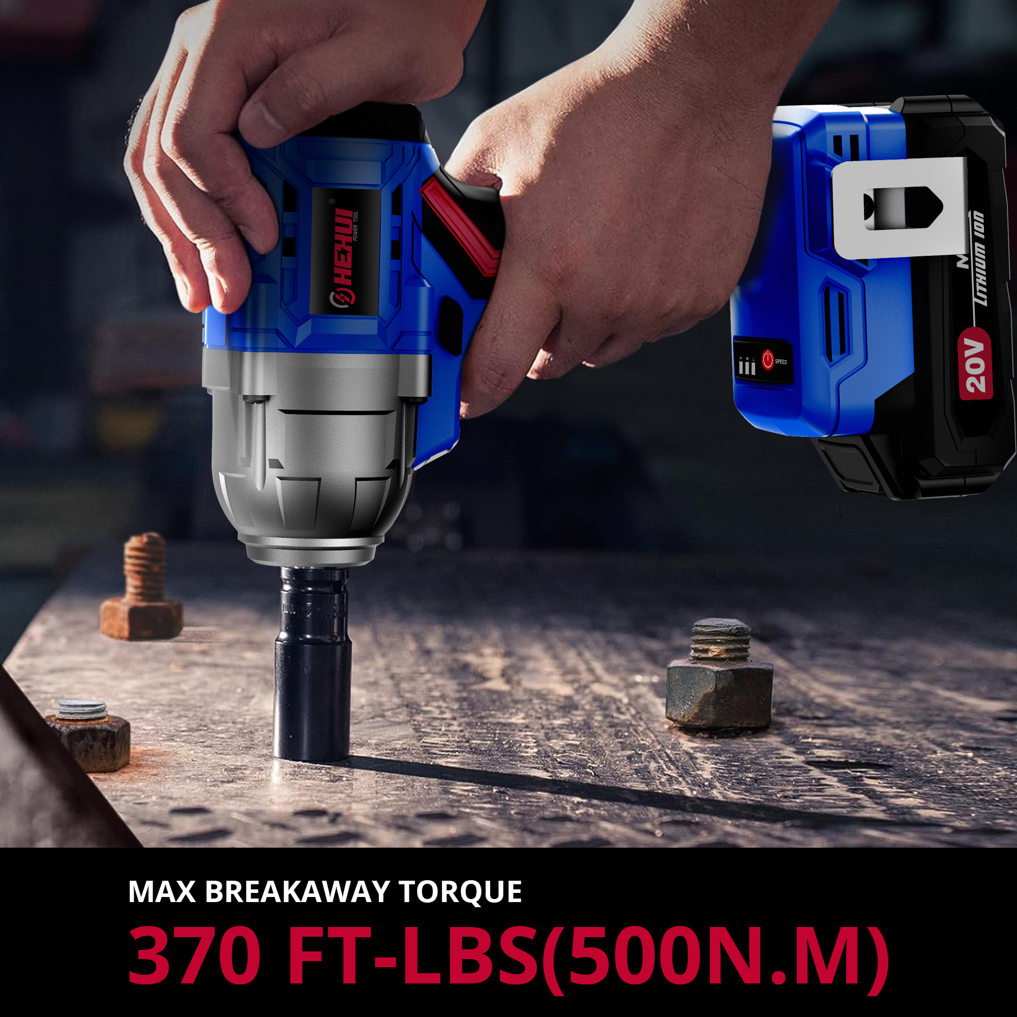 HEHUI 20V Brushless Cordless Impact Wrench 1/2-inch Variable Speed 500Nm Square Head Lug Nuts Electric Wrenches