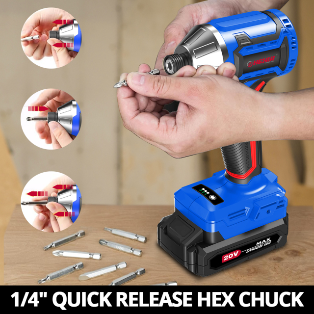 HEHUI 20V Brushless Cordless Impact Driver 1/4" High Torque 200N.m Compact Handheld Variable Speed Electric Drivers