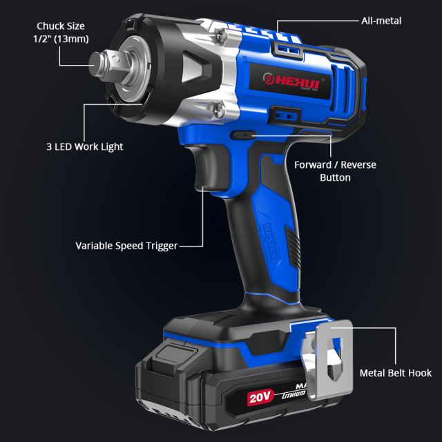 HEHUI Cordless Impact Wrench 1/2 inch (13mm) 20V Battery Power 210Nm Variable Speed Electric Impact Wrenches