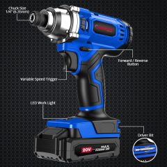 HEHUI Cordless Impact Driver 1/4" Compact Handheld Battery Variable Speed Wireless Power Drivers
