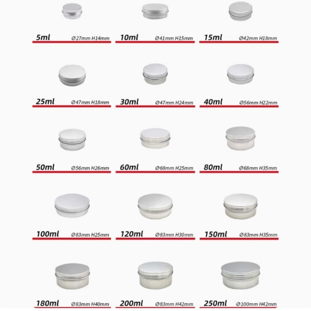 Aluminum cream jar, 5ml 10ml 15ml 20ml 30ml 40ml 50ml 60ml 80ml 100ml 120ml 150ml 180ml 200ml 250ml in stock.  face cream bottle, face cream jar wholesale.