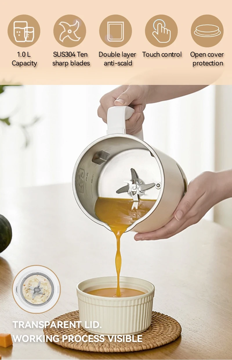 Customized 1000ML Electric Soymilk Maker - Stainless Steel Jar