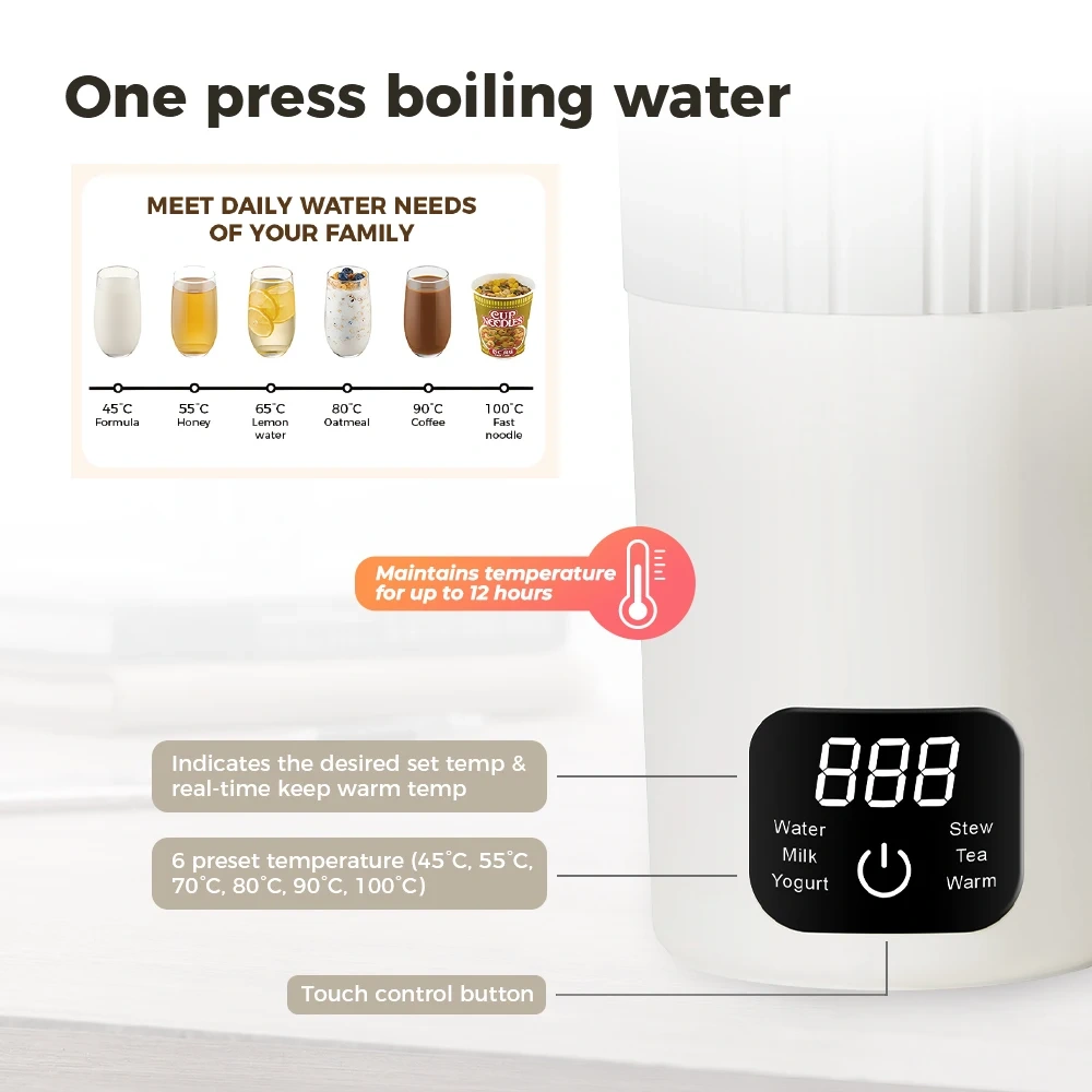Temperature Control 600ml Portable Travel kettle Electric Heating Cup