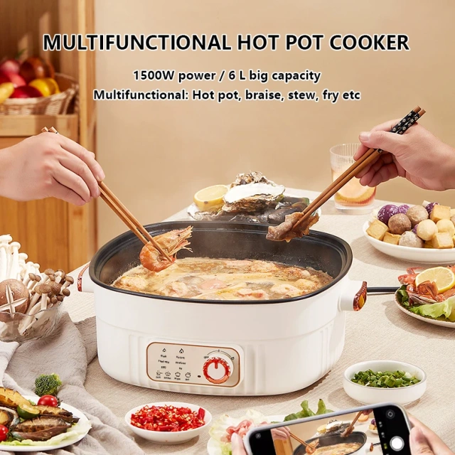 6L Hot Pot Cooker Soup Cooker Nonstick Coating Mechanical Knob Control Electric Multifunctional Cooker
