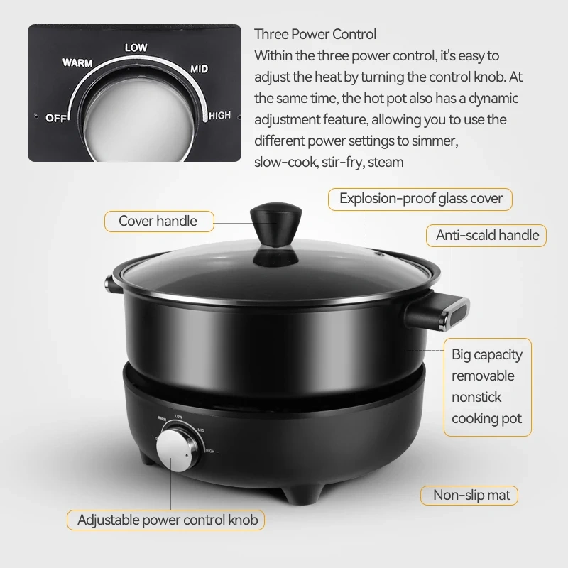 4L Detachable Hot Pot Round Nonstick Cooker Electric Skillets