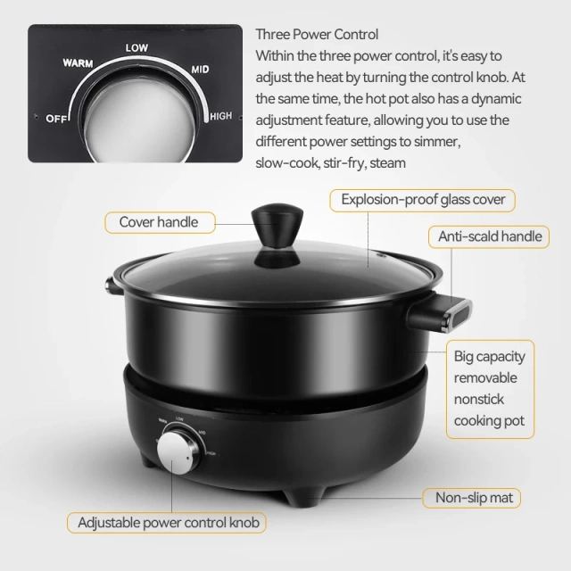 4L Detachable Hot Pot Round Nonstick Cooker Electric Skillets